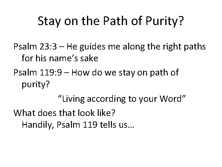 Stay on the Path of Purity? Psalm 23: 3 – He guides me along