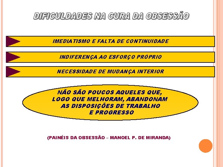 IMEDIATISMO E FALTA DE CONTINUIDADE INDIFERENÇA AO ESFORÇO PRÓPRIO NECESSIDADE DE MUDANÇA INTERIOR NÃO