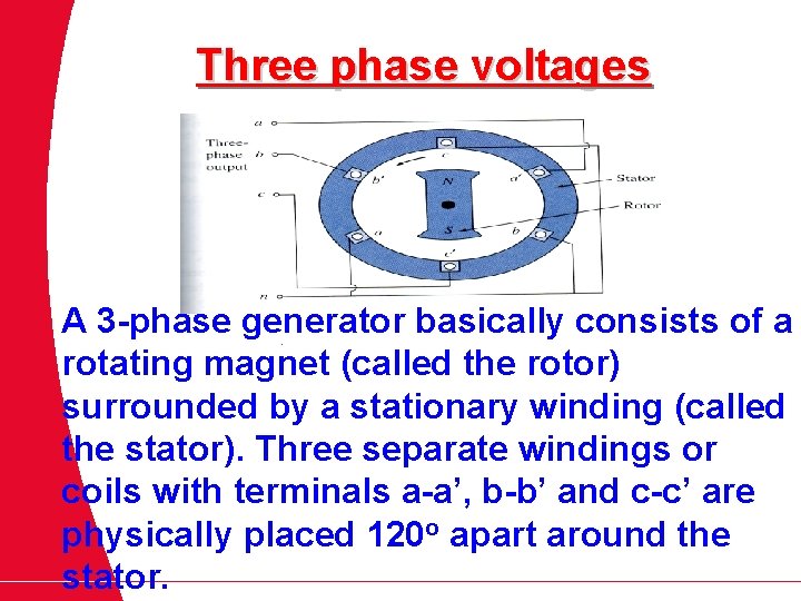 Three phase voltages A 3 -phase generator basically consists of a rotating magnet (called