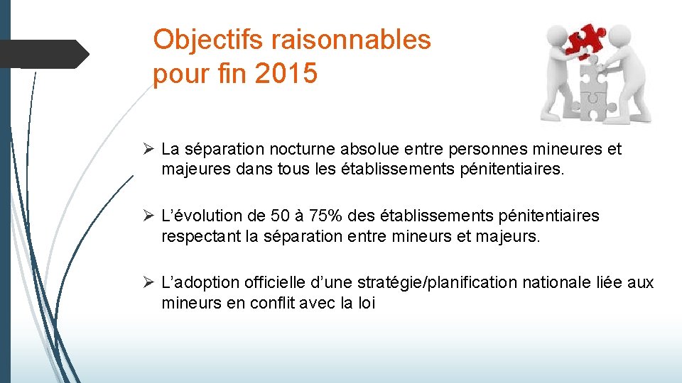 Objectifs raisonnables pour fin 2015 Ø La séparation nocturne absolue entre personnes mineures et Objectifs raisonnables pour fin 2015 Ø La séparation nocturne absolue entre personnes mineures et