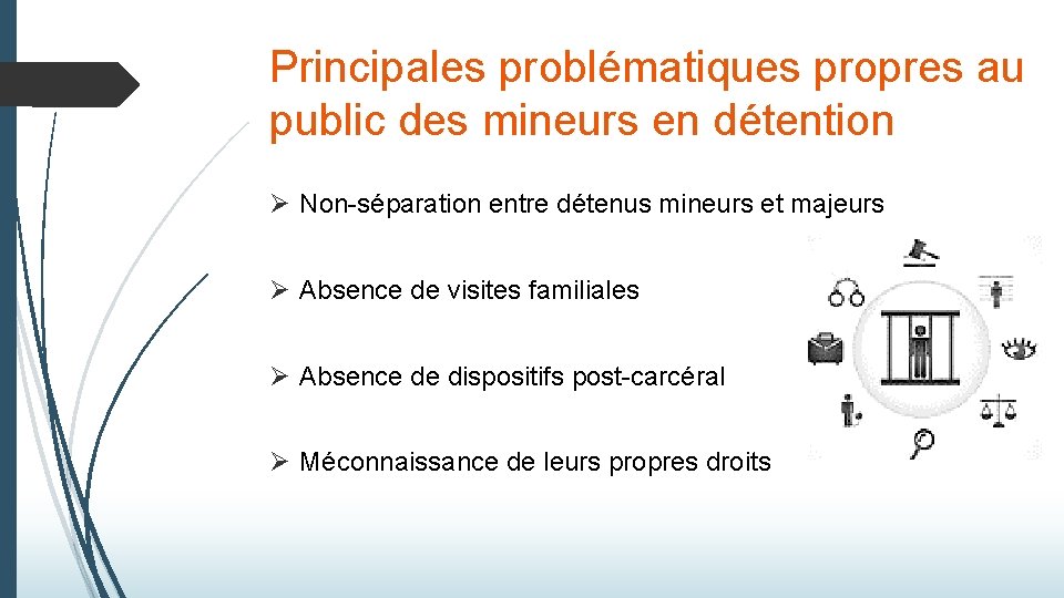 Principales problématiques propres au public des mineurs en détention Ø Non-séparation entre détenus mineurs Principales problématiques propres au public des mineurs en détention Ø Non-séparation entre détenus mineurs