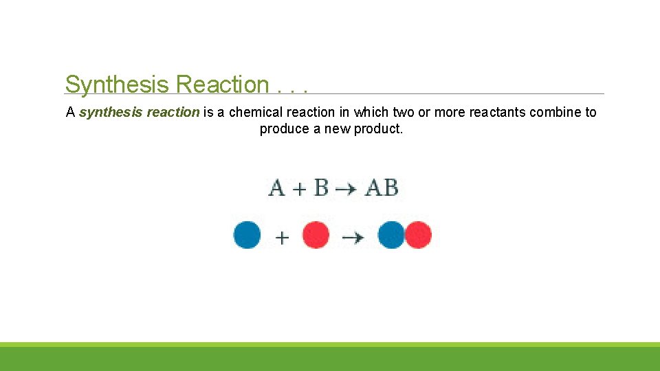 Synthesis Reaction. . . A synthesis reaction is a chemical reaction in which two