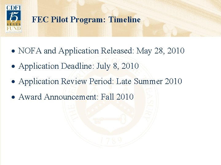 FEC Pilot Program: Timeline · NOFA and Application Released: May 28, 2010 · Application