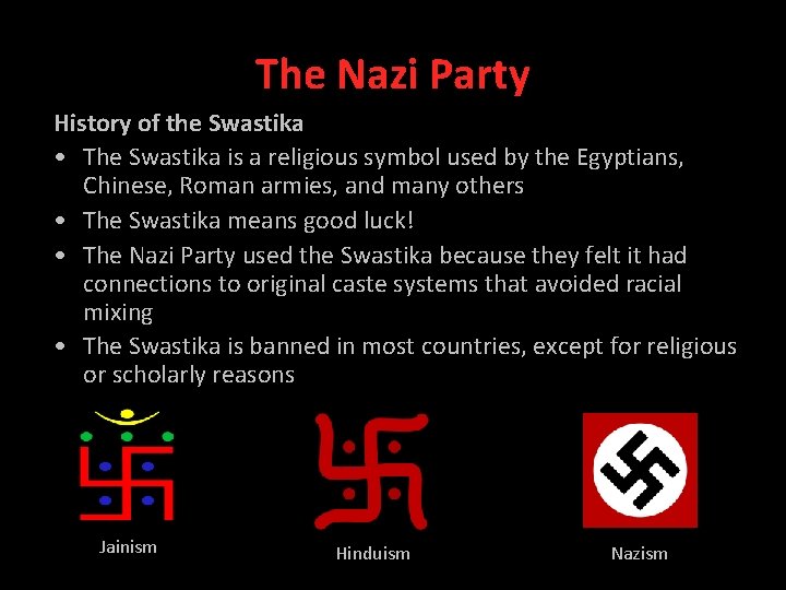 The Nazi Party History of the Swastika • The Swastika is a religious symbol