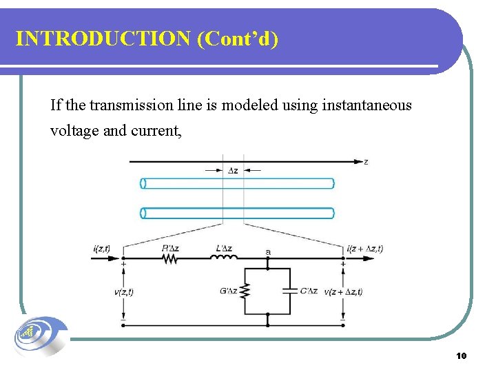 INTRODUCTION (Cont’d) If the transmission line is modeled using instantaneous voltage and current, 10