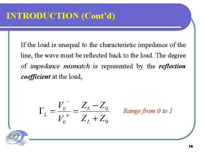 INTRODUCTION (Cont’d) If the load is unequal to the characteristic impedance of the line,