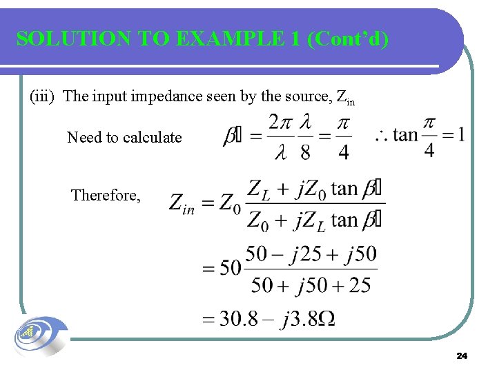 SOLUTION TO EXAMPLE 1 (Cont’d) (iii) The input impedance seen by the source, Zin