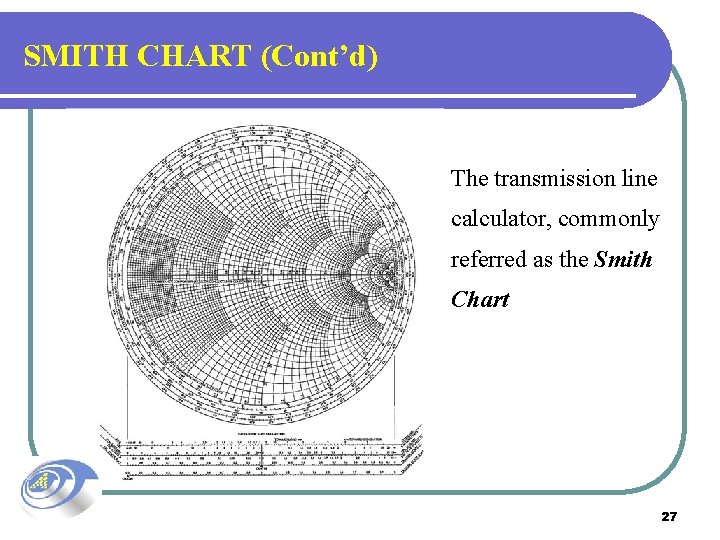 SMITH CHART (Cont’d) The transmission line calculator, commonly referred as the Smith Chart 27