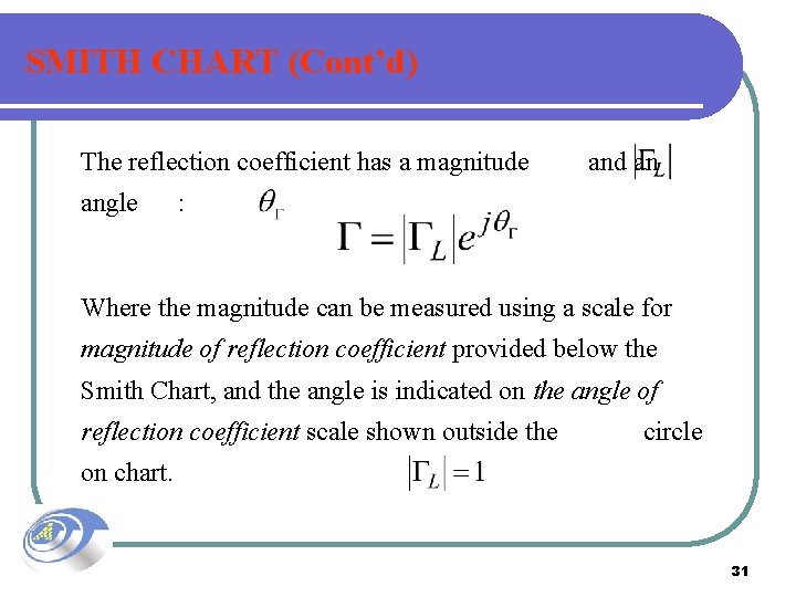 SMITH CHART (Cont’d) The reflection coefficient has a magnitude angle and an : Where