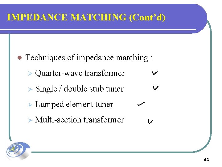 IMPEDANCE MATCHING (Cont’d) l Techniques of impedance matching : Ø Quarter-wave transformer Ø Single