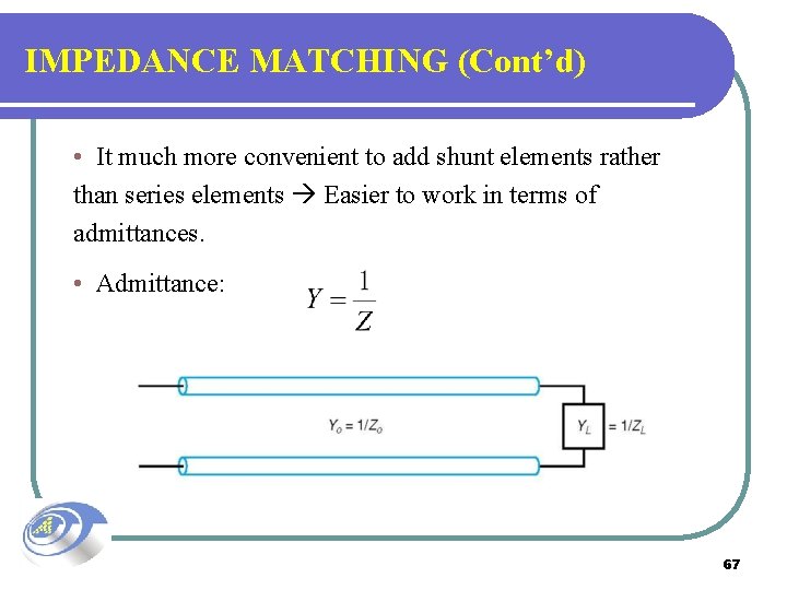 IMPEDANCE MATCHING (Cont’d) • It much more convenient to add shunt elements rather than