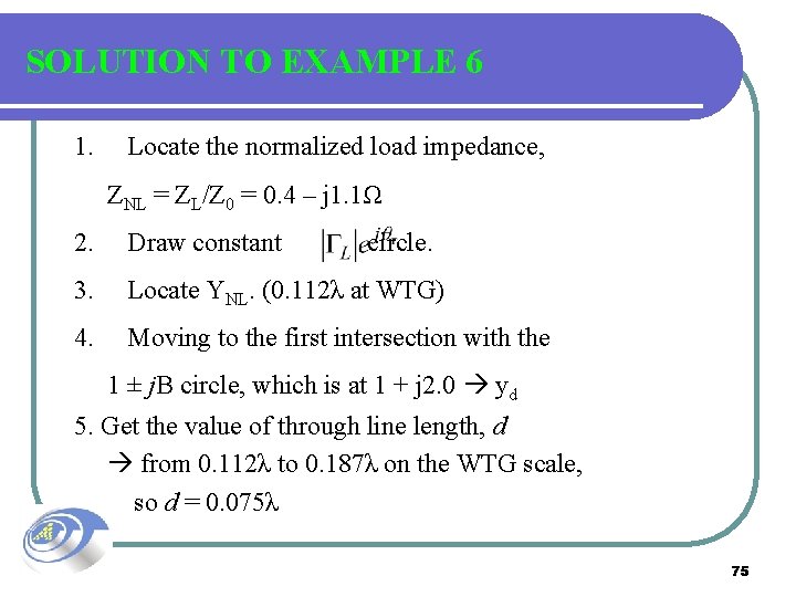 SOLUTION TO EXAMPLE 6 1. Locate the normalized load impedance, ZNL = ZL/Z 0