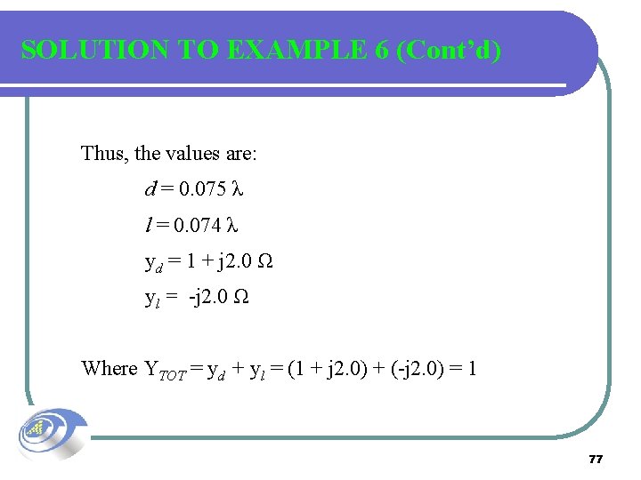 SOLUTION TO EXAMPLE 6 (Cont’d) Thus, the values are: d = 0. 075 λ