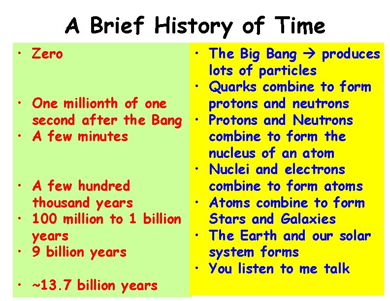 A Brief History of Time • Zero • • The Big Bang produces lots