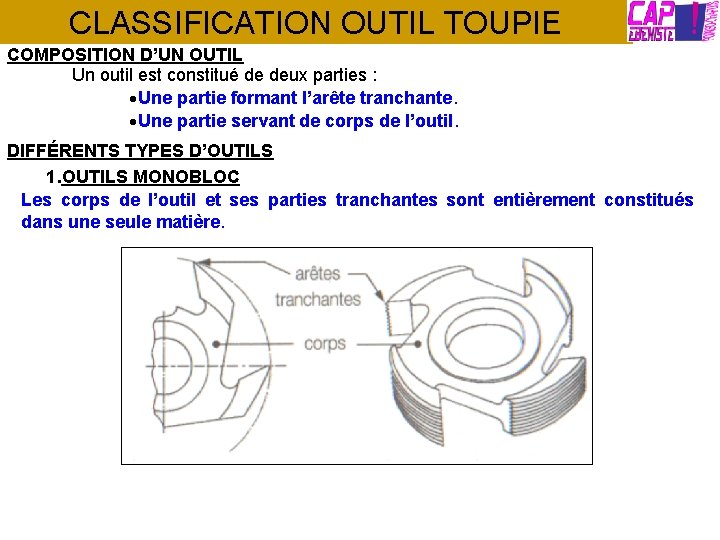 CLASSIFICATION OUTIL TOUPIE COMPOSITION D’UN OUTIL Un outil est constitué de deux parties :