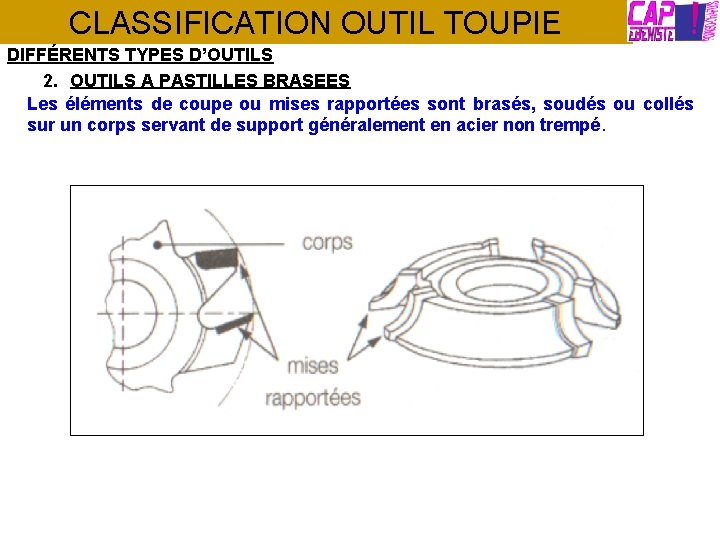 CLASSIFICATION OUTIL TOUPIE DIFFÉRENTS TYPES D’OUTILS 2. OUTILS A PASTILLES BRASEES Les éléments de