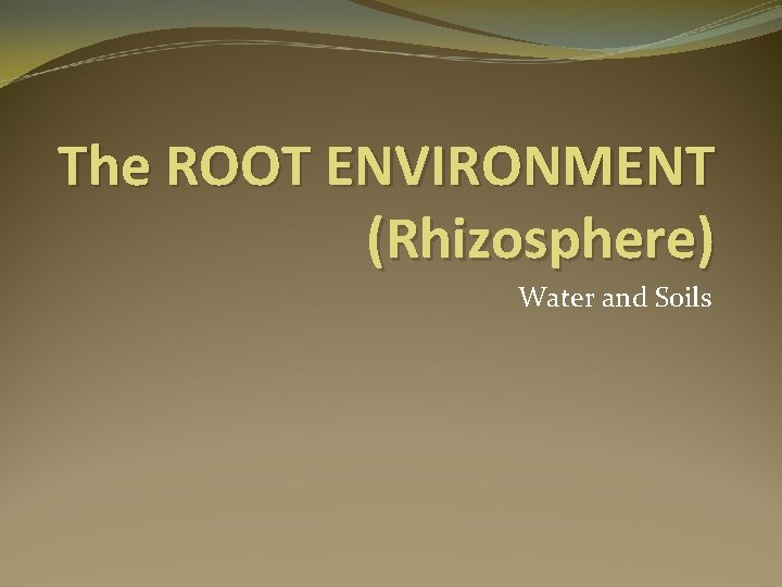 The ROOT ENVIRONMENT (Rhizosphere) Water and Soils 