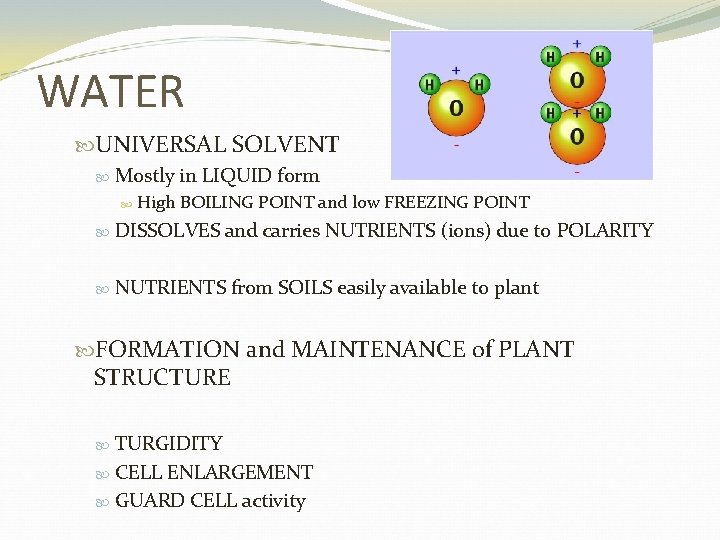 WATER UNIVERSAL SOLVENT Mostly in LIQUID form High BOILING POINT and low FREEZING POINT