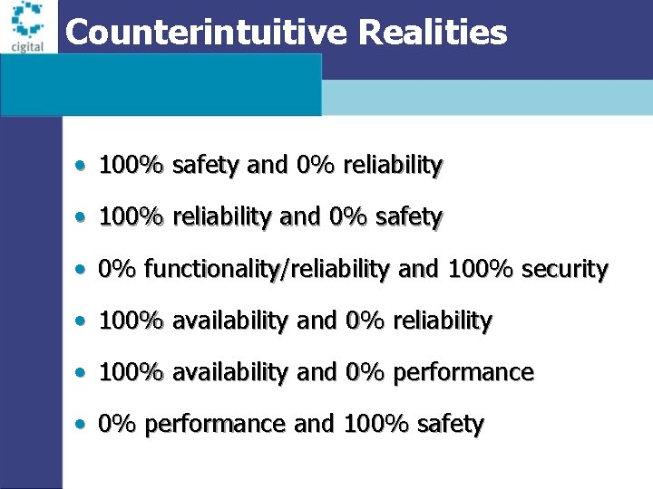 Counterintuitive Realities • 100% safety and 0% reliability • 100% reliability and 0% safety