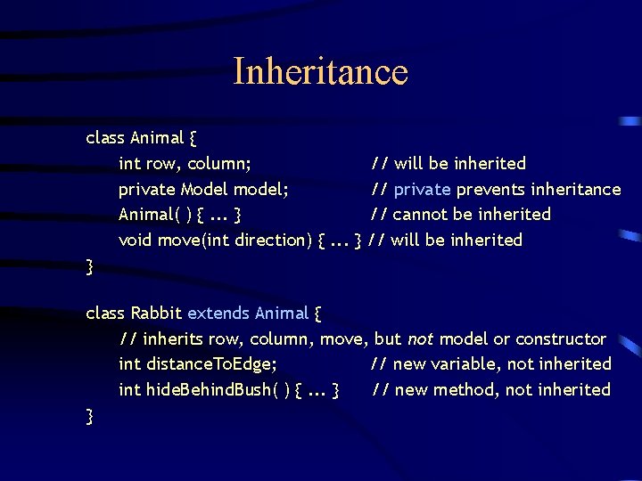 Subclasses Inheritance class Animal int row column private