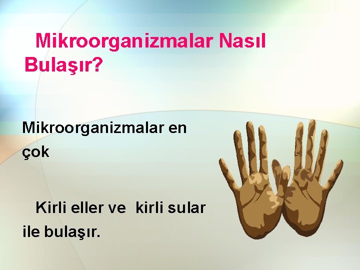 Mikroorganizmalar Nasıl Bulaşır? Mikroorganizmalar en çok Kirli eller ve kirli sular ile bulaşır. 