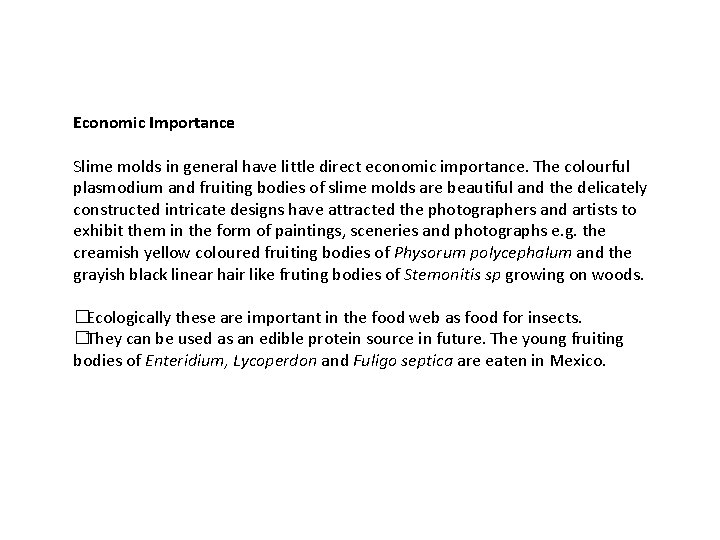 Economic Importance Slime molds in general have little direct economic importance. The colourful plasmodium