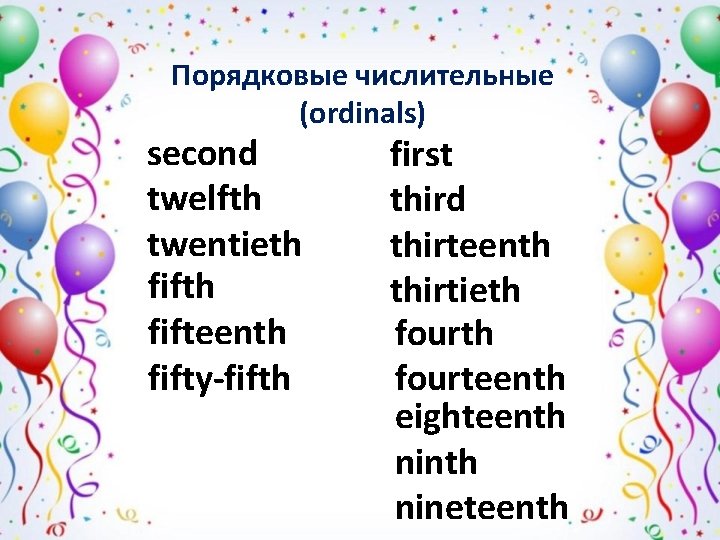 Порядковые числительные (ordinals) second twelfth twentieth fifteenth fifty-fifth first third thirteenth thirtieth fourteenth eighteenth