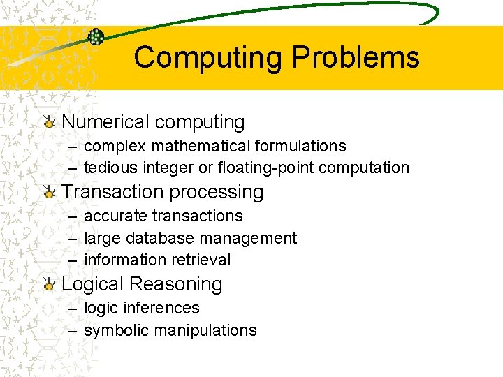 Computing Problems Numerical computing – complex mathematical formulations – tedious integer or floating-point computation