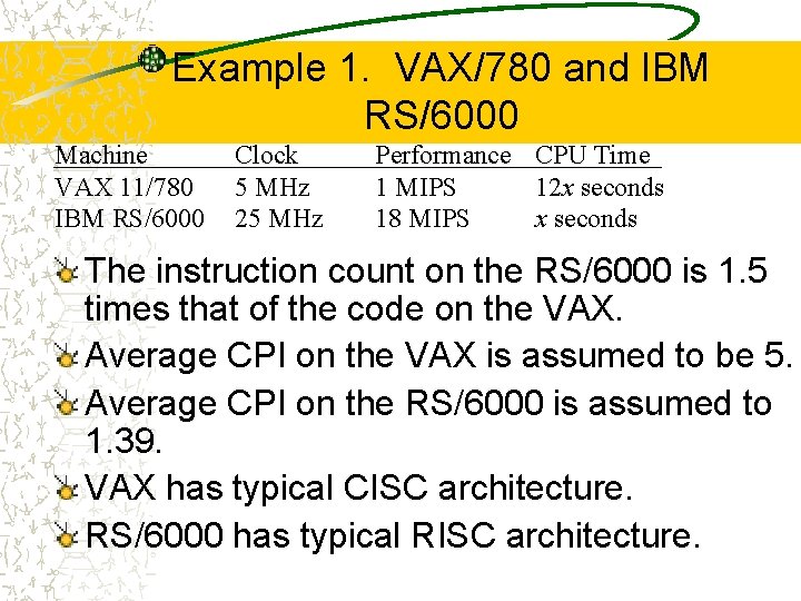 Example 1. VAX/780 and IBM RS/6000 Machine VAX 11/780 IBM RS/6000 Clock 5 MHz