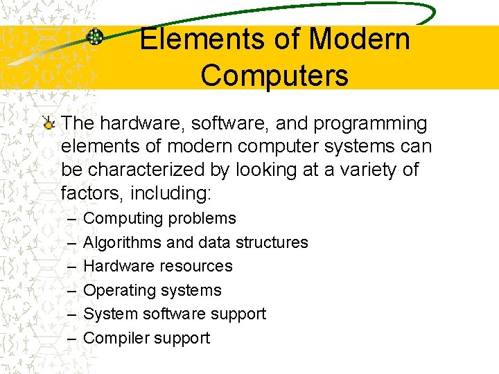Elements of Modern Computers The hardware, software, and programming elements of modern computer systems