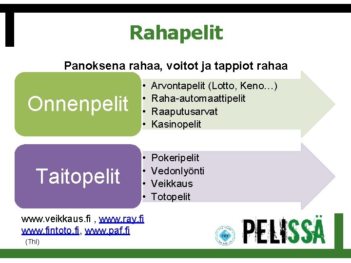 Rahapelit Panoksena rahaa, voitot ja tappiot rahaa Onnenpelit • • Arvontapelit (Lotto, Keno…) Raha-automaattipelit