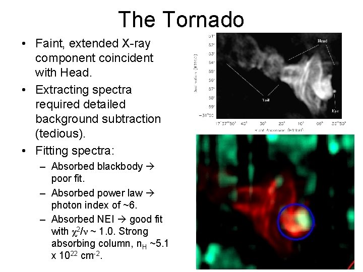 The Tornado • Faint, extended X-ray component coincident with Head. • Extracting spectra required