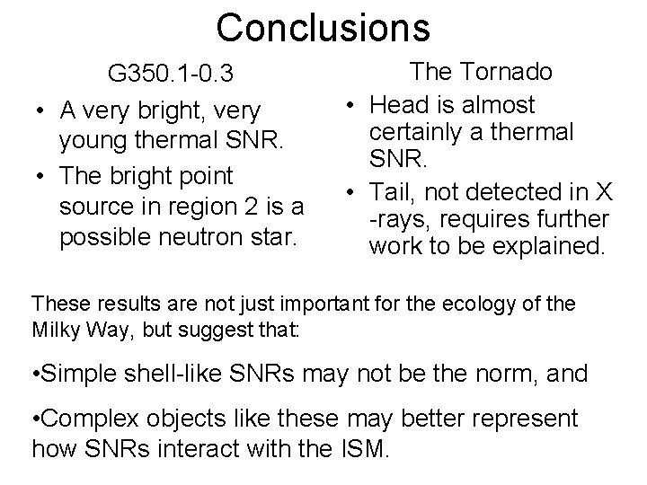 Conclusions G 350. 1 -0. 3 • A very bright, very young thermal SNR.