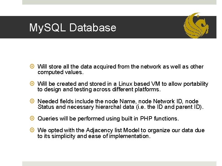 My. SQL Database Will store all the data acquired from the network as well