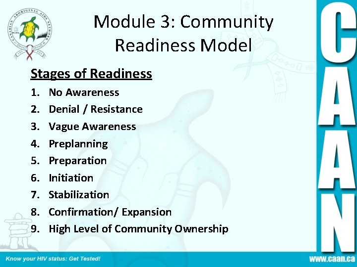 Module 3: Community Readiness Model Stages of Readiness 1. 2. 3. 4. 5. 6.