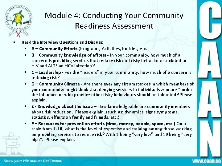 Module 4: Conducting Your Community Readiness Assessment § Read the Interview Questions and Discuss;