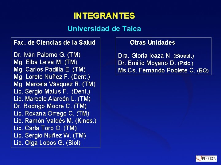 INTEGRANTES Universidad de Talca Fac. de Ciencias de la Salud Dr. Iván Palomo G. INTEGRANTES Universidad de Talca Fac. de Ciencias de la Salud Dr. Iván Palomo G.