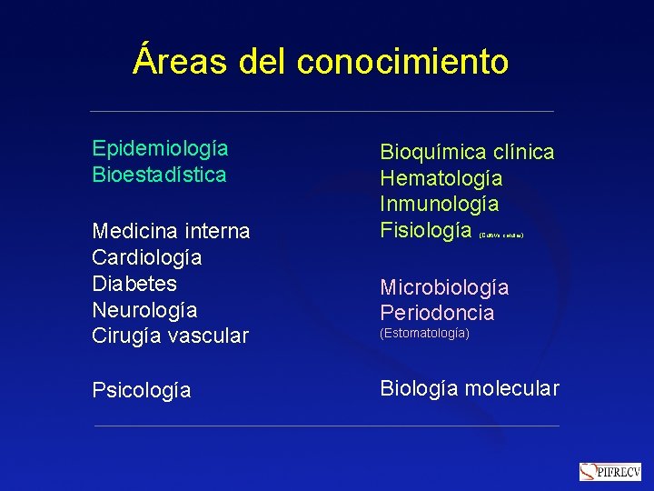 Áreas del conocimiento Epidemiología Bioestadística Medicina interna Cardiología Diabetes Neurología Cirugía vascular Psicología Bioquímica Áreas del conocimiento Epidemiología Bioestadística Medicina interna Cardiología Diabetes Neurología Cirugía vascular Psicología Bioquímica