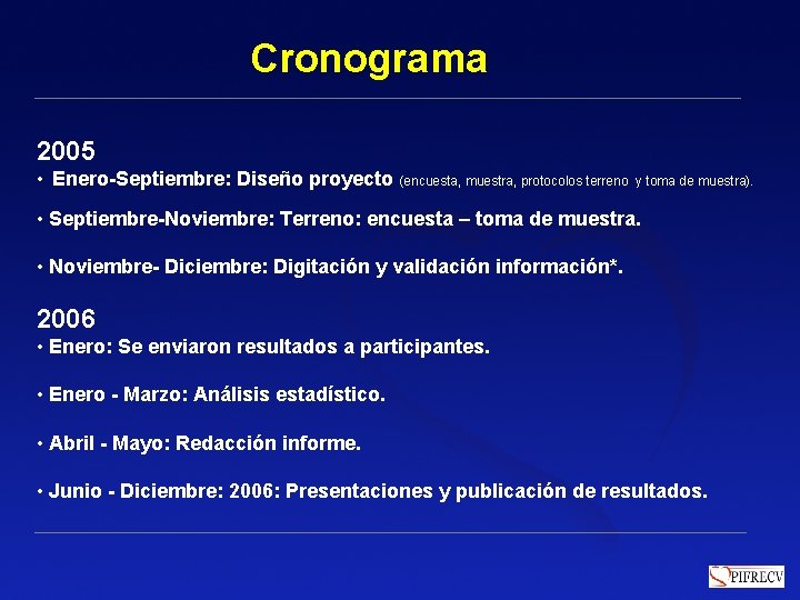 Cronograma 2005 • Enero-Septiembre: Diseño proyecto (encuesta, muestra, protocolos terreno y toma de muestra). Cronograma 2005 • Enero-Septiembre: Diseño proyecto (encuesta, muestra, protocolos terreno y toma de muestra).