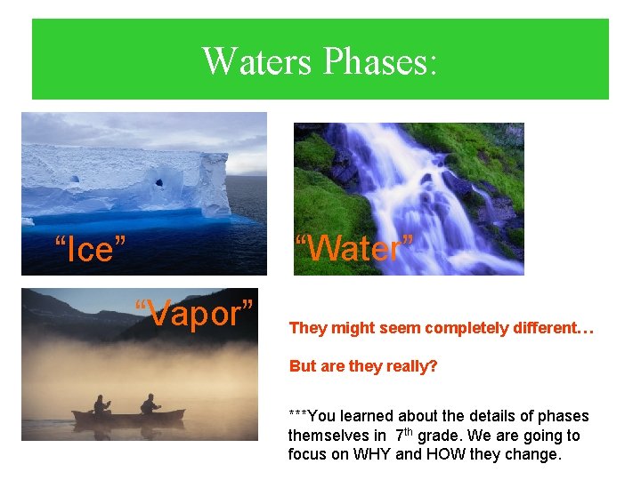 Waters Phases: “Water” “Ice” “Vapor” They might seem completely different… But are they really?