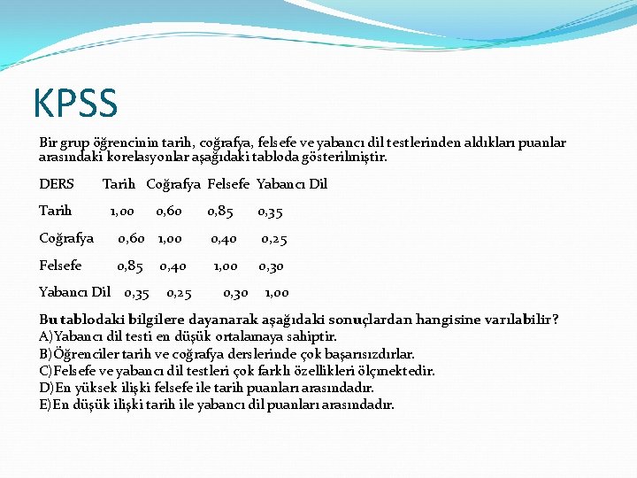 KPSS Bir grup öğrencinin tarih, coğrafya, felsefe ve yabancı dil testlerinden aldıkları puanlar arasındaki