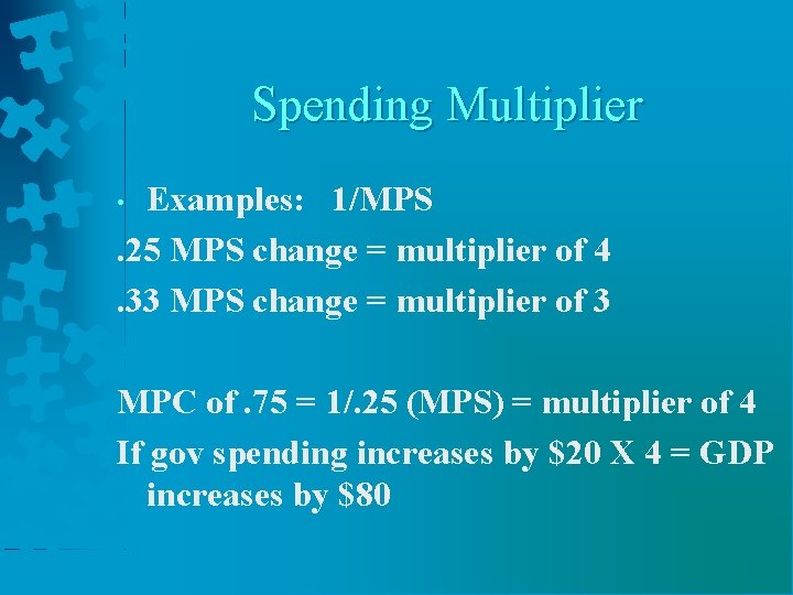 Spending Multiplier Examples: 1/MPS. 25 MPS change = multiplier of 4. 33 MPS change Spending Multiplier Examples: 1/MPS. 25 MPS change = multiplier of 4. 33 MPS change