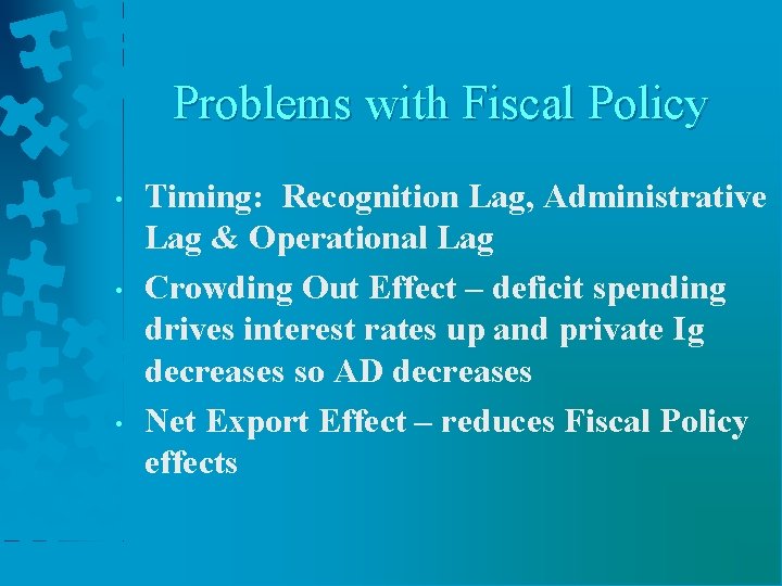 Problems with Fiscal Policy • • • Timing: Recognition Lag, Administrative Lag & Operational