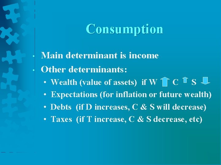 Consumption • • Main determinant is income Other determinants: • • Wealth (value of Consumption • • Main determinant is income Other determinants: • • Wealth (value of