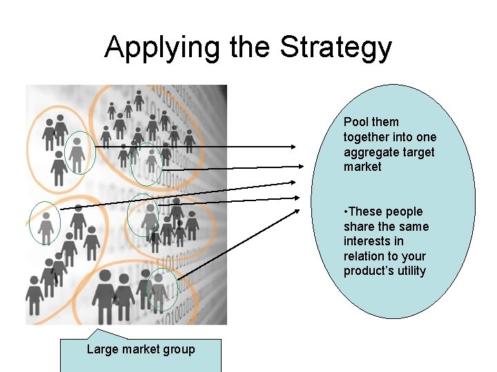 Applying the Strategy Pool them together into one aggregate target market • These people Applying the Strategy Pool them together into one aggregate target market • These people