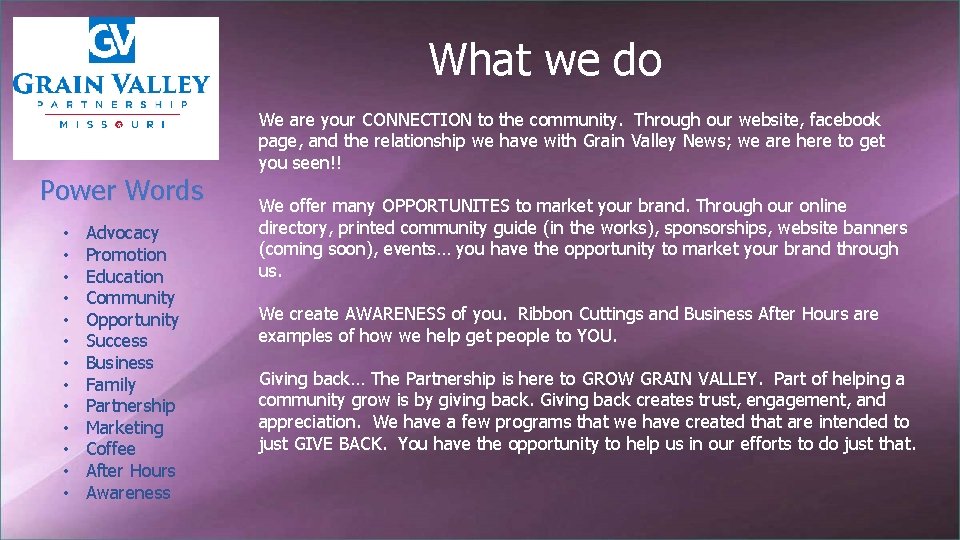 What we do Power Words • • • • Advocacy Promotion Education Community Opportunity