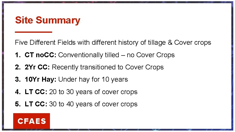Site Summary Five Different Fields with different history of tillage & Cover crops 1.