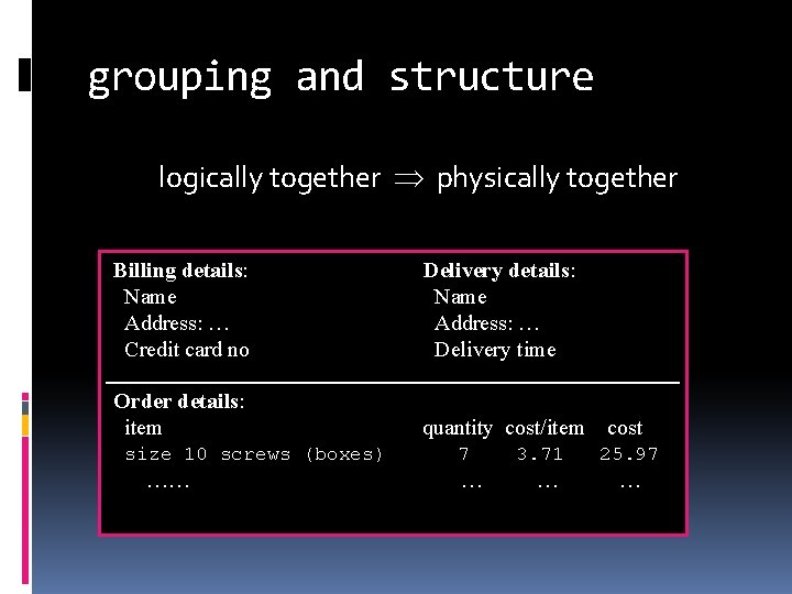 grouping and structure logically together physically together Billing details: Name Address: … Credit card