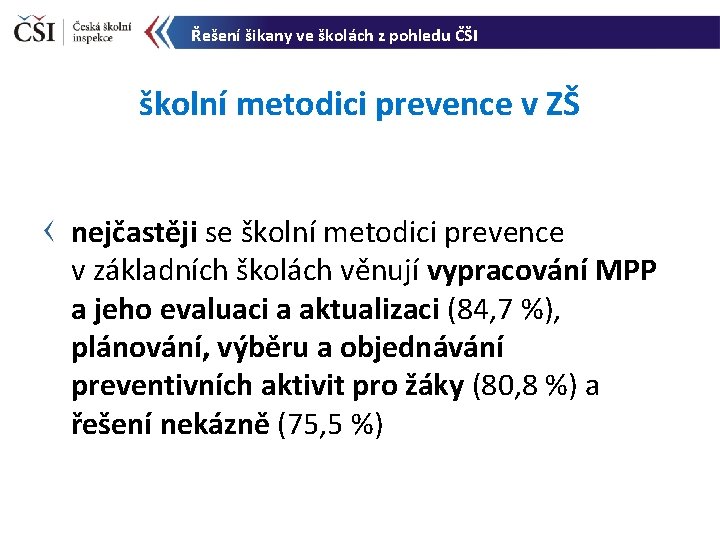 Řešení šikany ve školách z pohledu ČŠI školní metodici prevence v ZŠ nejčastěji se