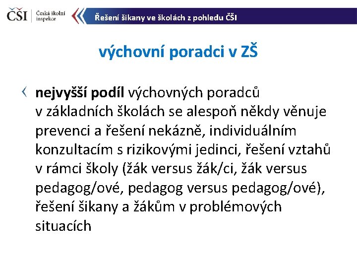 Řešení šikany ve školách z pohledu ČŠI výchovní poradci v ZŠ nejvyšší podíl výchovných